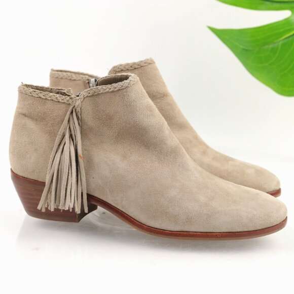 Sam Edelman Womens Paige Boots Size 6.5 Tan Suede Fringe Booties Low Block Heel - Picture 1 of 12